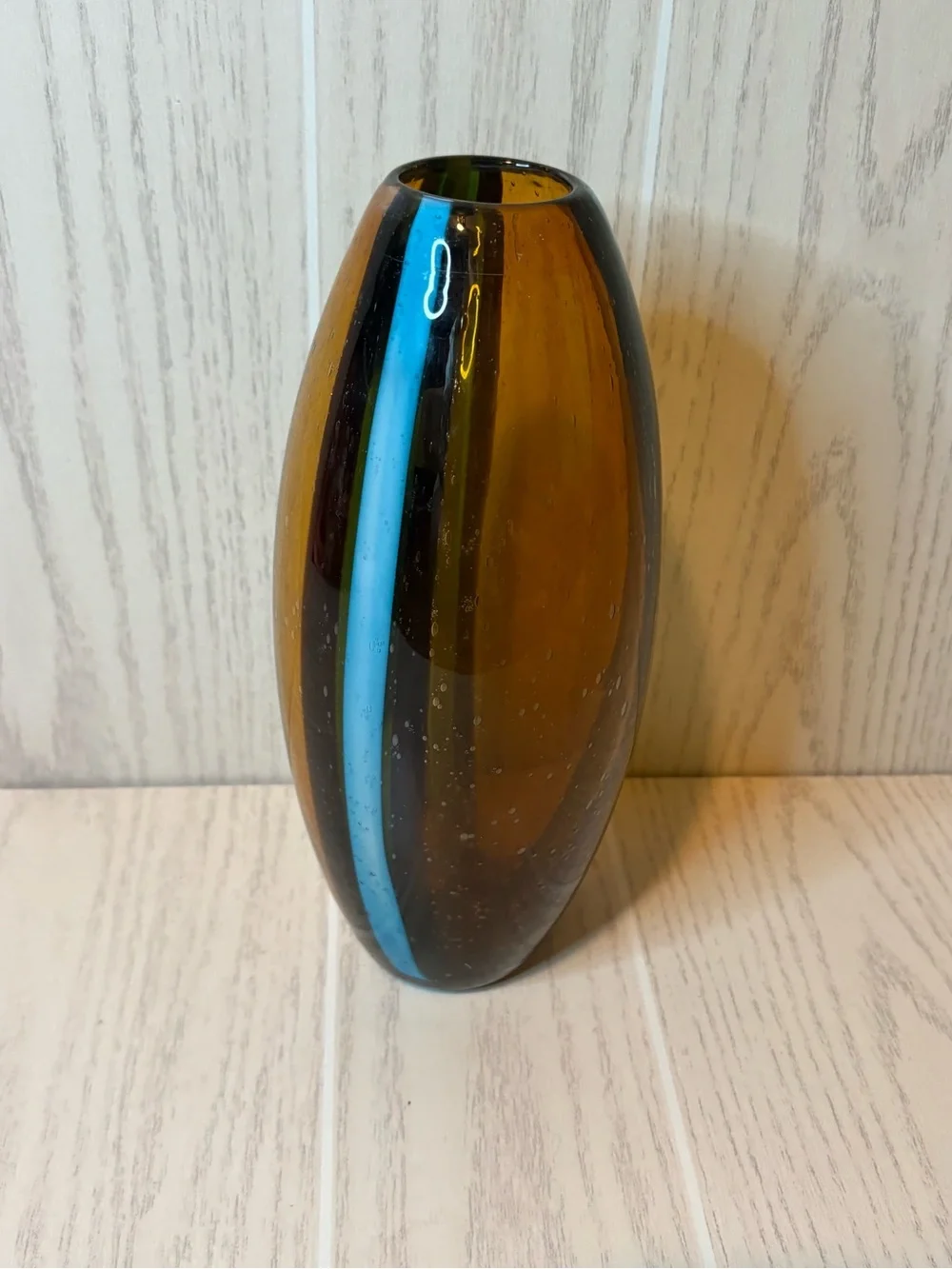 Pier 1 Amber Glass Vase with Blue Stripe Bubble Glass